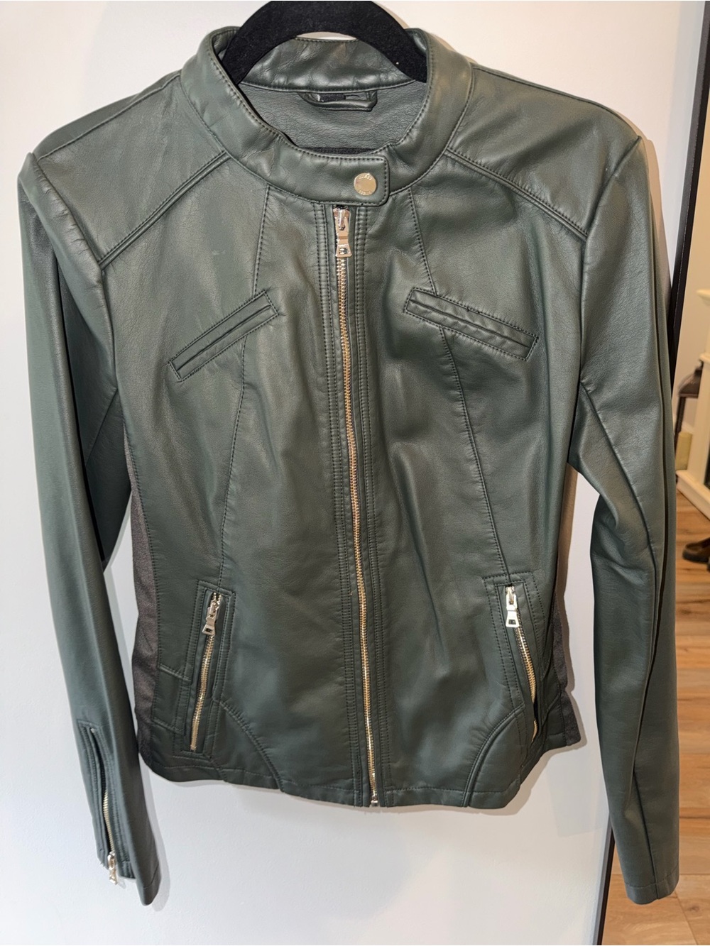 Women's Faux Leather Motorcycle Jacket Guess Brand stretchy dark green